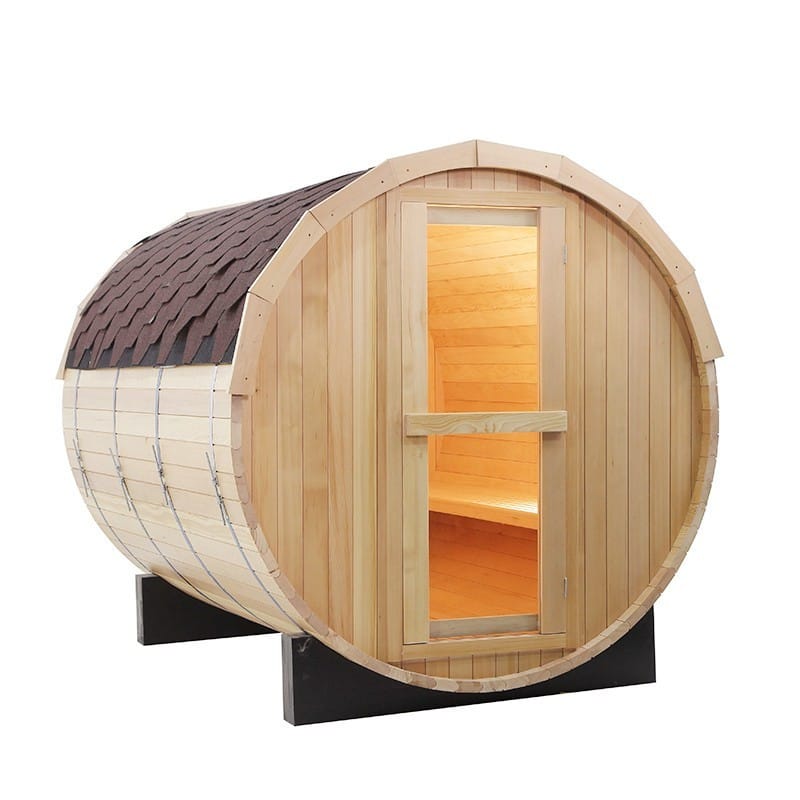 Outdoor barrel sauna in natural timber.