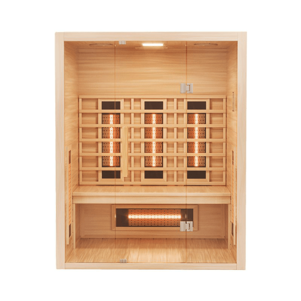 Indoor cedar cabin sauna.